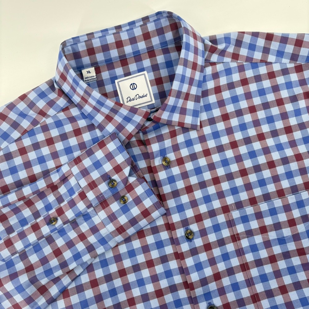 David Donahue Men XL Blue Burgundy Gingham Check Cotton Long Sleeve Button Shirt
